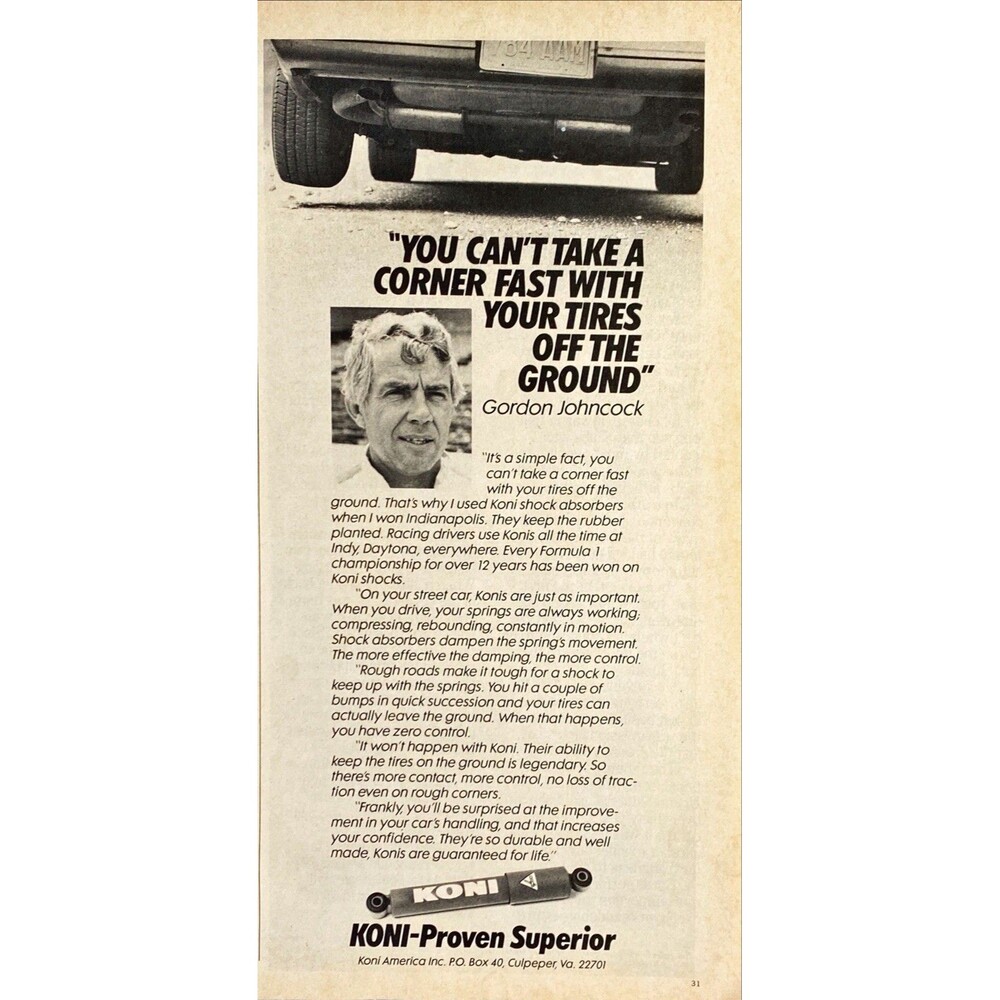 Koni-Shock Absorbers "Recommends by Gordon Johncock" Vintage Print Ad 1983